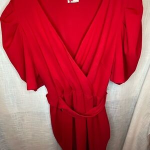 Red Faux Wrap Plus Dress with belt and puffy short sleeve 2X Christmas Holiday